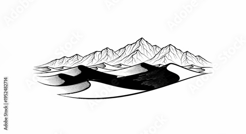 Stylized black and white illustration of rolling sand dunes with jagged mountains in the background