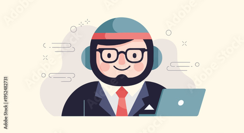 Stylized illustration of a man in suit and tie, wearing headphones and glasses, typing on laptop