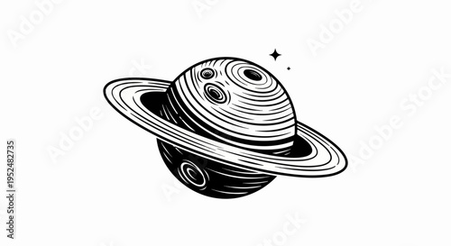 Stylized drawing of a ringed planet with swirling details and two stars