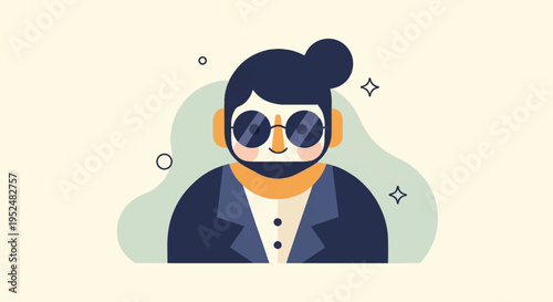 Stylized illustration of a man with a bun hairstyle and sunglasses