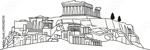 Stylized black and white line drawing of ancient Greek ruins on a hill