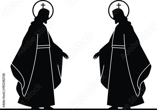 Black silhouette of Jesus Christ with halo and cross symbol standing in prayer for Christian church design, religious worship, Easter, and spiritual gospel projects.