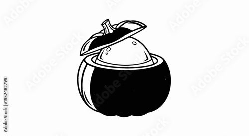 Stylized illustration of a mangosteen fruit with cap