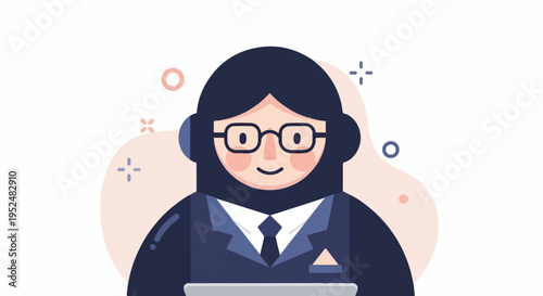 Stylized illustration of a person with glasses and a suit, wearing headphones