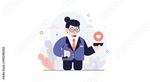 Stylized figure in formal attire presents a glowing heart icon on a dark platform
