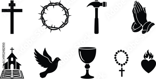 Black silhouette religious icon set featuring crown of thorns, holy cross, praying hands, dove, chalice, rosary, and church symbols for Christian Lent and Easter designs.