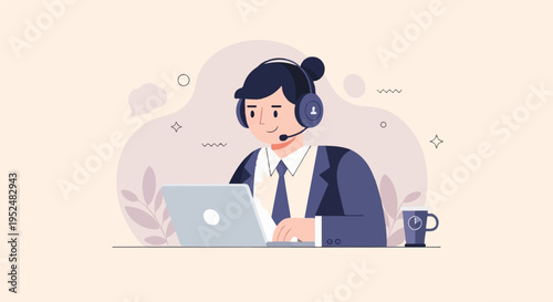 Smiling person in headset at laptop with coffee and plant decoration
