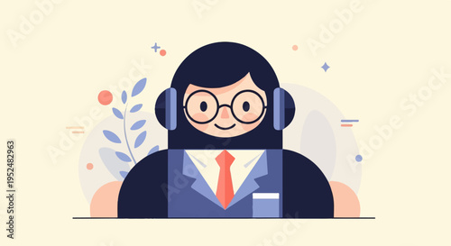 Smiling person in glasses and headphones, wearing a suit and tie