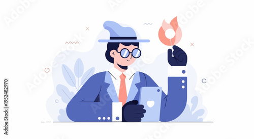 Stylized figure in suit and hat holds phone and fiery object