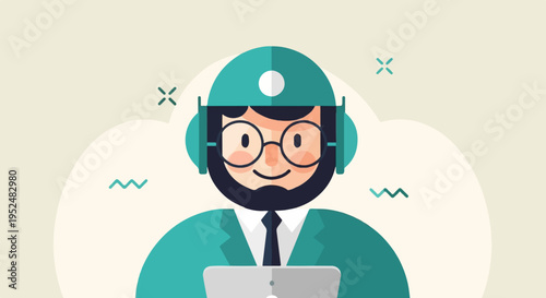 Smiling man in teal jacket and headphones using a laptop