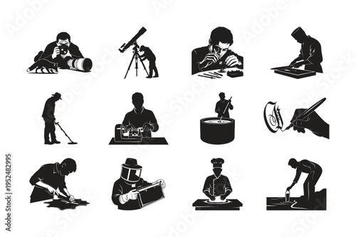 Silhouette set bundle of people performing diverse hobbies professions
