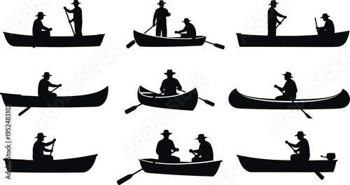 Man rowing a wooden boat, fisherman in canoe silhouette, person paddling on water, outdoor adventure, lake recreation, summer hobby vector illustration.