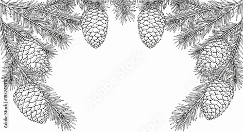 Stylized evergreen branches and pine cones adorn the blank frame