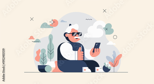 Stylish man enjoying outdoor leisure with modern gadgets and plants
