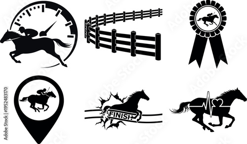 Collection of horse racing icons with jockey and obstacles isolated design