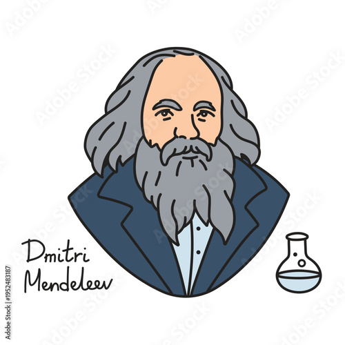 Vector hand drawn portrait of the great scientist in chemistry Dmitri Mendeleev in a blue jacket with a chemical flask. Color illustration of the face of the famous russian chemist and professor