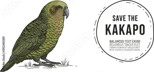 Kakapo Parrot Conservation Illustration with Endangered New Zealand Bird for Wildlife Protection, Environmental Awareness, and Rare Species Vector Design