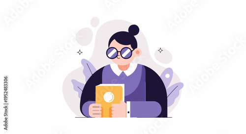Stylized character in glasses holds yellow book with abstract background