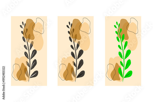 Set of three abstract botanical illustrations with organic shapes and plant motifs.