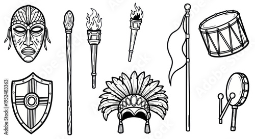 Tribal Symbols: Mask, Spear, Torches, Shield, Feather Headdress, Drum, Flag
