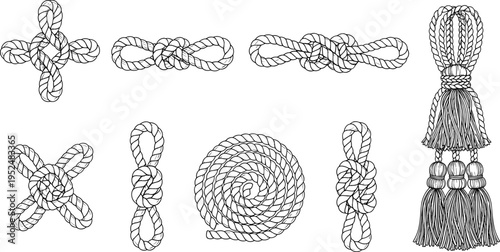 Rope knot silhouettes, nautical icons, decorative tassel design, climbing knots, coiled rope illustration, maritime symbol, vector graphic, craft pattern set