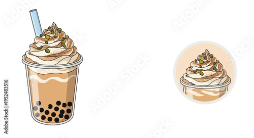 Bubble tea drink with whipped cream and nuts in a cup