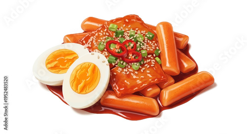 Korean tteokbokki spicy rice cakes with hard boiled eggs and chilies