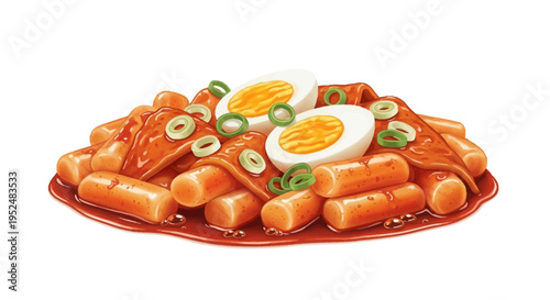 Korean tteokbokki with spicy rice cakes  fish cakes and boiled eggs