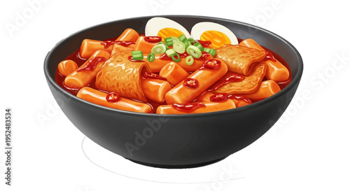 Tteokbokki in a bowl with spicy rice cakes  fish cakes and eggs