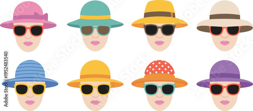 Set of flat vector icons featuring women wearing stylish summer sun hats and sunglasses for vacation travel and beach fashion concepts isolated on white background for graphic design.