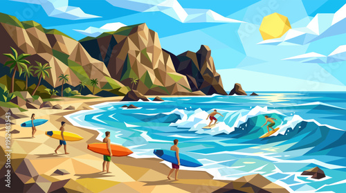 A vibrant low poly vector illustration of surfers enjoying a sunny day on a tropical beach with big waves and dramatic cliffs.