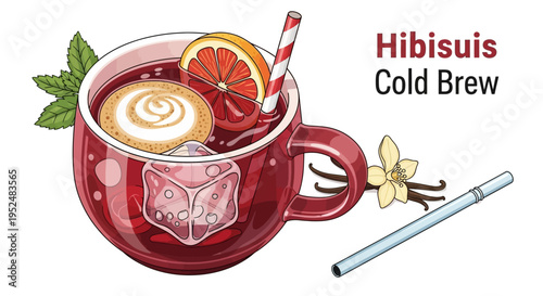 Hibiscus cold brew drink with orange  mint and ice in a mug