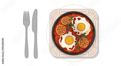Shakshuka with eggs and meatballs on a plate with cutlery