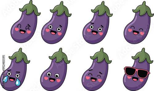 Flat vector set of cute eggplant emoji characters with various happy facial expressions including love crying and cool sunglasses icons isolated on white background for food graphic design projects.