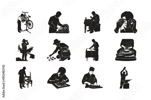 Silhouette set bundle of people performing various crafts hobbies