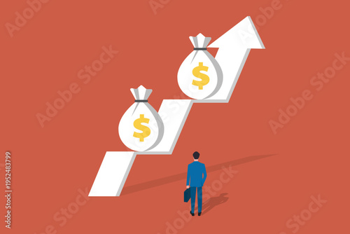 PrinBusinessman looking up at a rising growth arrow with dollar symbols, representing financial success, profit forecasting, and wealth accumulation