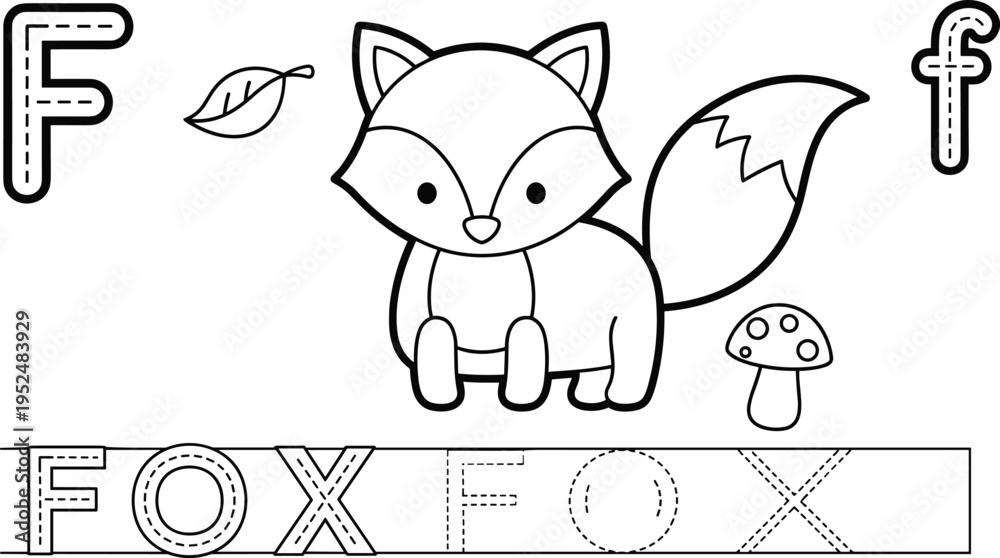 Fototapeta premium Letter F Alphabet Tracing Worksheet with Cute Fox, Leaf, and Mushroom for Kids Preschool Handwriting Practice Coloring Page Vector Illustration