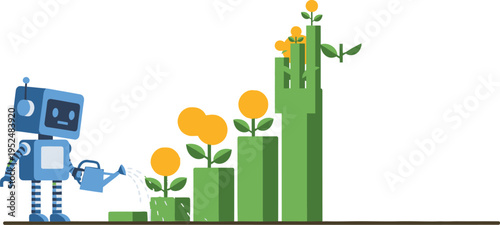 A blue robot watering a growing green bar chart with yellow flowers