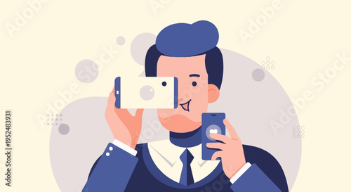 Stylized person holding up two smartphones, taking a picture