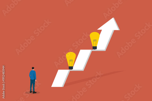 Businessman looking up at a rising growth arrow with lightbulbs on it, representing strategic innovation, progress, and visionary leadership