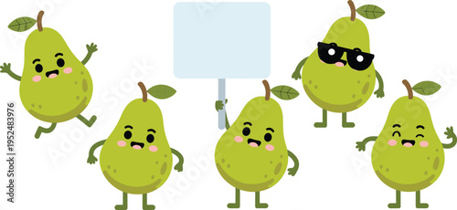 Flat vector set of cute pear emoji characters including mascot holding blank sign and cool pear with sunglasses isolated on white background for healthy food design projects.