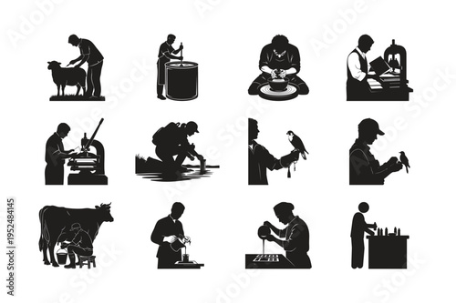 Silhouette set bundle of people performing various traditional crafts