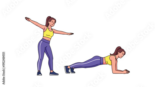 Illustration of a woman performing a yoga pose and another in a plank position in a vibrant, colorful style against a clean white background.