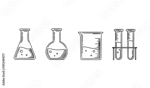 Minimal Black and White Laboratory Beakers and Test Tubes Linear Vector for Education, Science, and Lab Design
