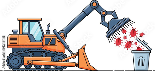 An orange excavator throwing red germs into a trash can