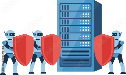 Two robots standing guard with shields in front of a server tower