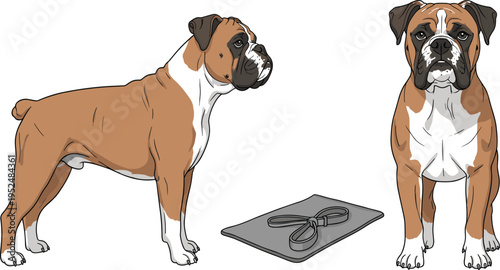 Boxer Dog Breed Illustration Set with Standing Side View and Front View for Pet Care, Animal Anatomy, and Domestic Dog Vector Design