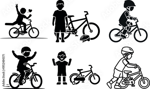 Happy children riding and posing with bicycles illustrated in simple icons