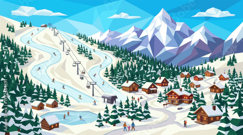 A bustling mountain ski resort illustration with people skiing, snowboarding, and ice skating in a snowy village with chalets and a chairlift.