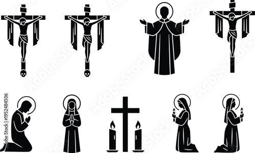 Black silhouette religious vector icons set featuring Jesus Christ on the cross crucifixion, praying monk, nun with candles, and holy saint figures for Christian designs.